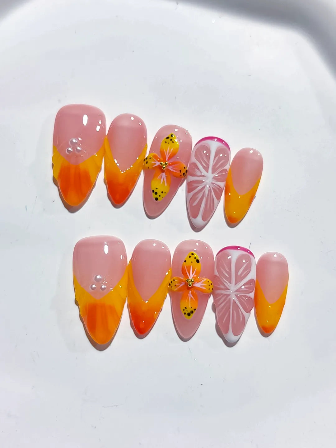 D470 - Medium Nude Orange Almond French tip Flower Fruit