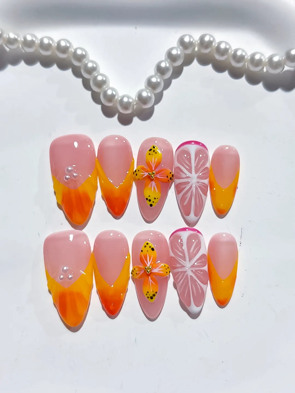 D470 - Medium Nude Orange Almond French tip Flower Fruit