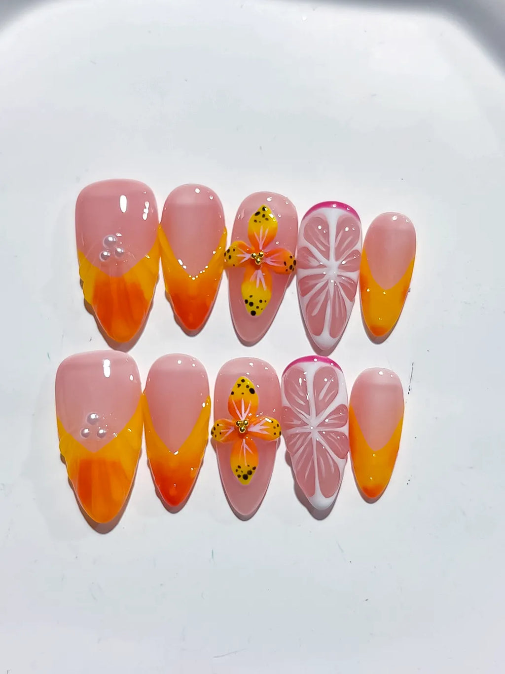 D470 - Medium Nude Orange Almond French tip Flower Fruit