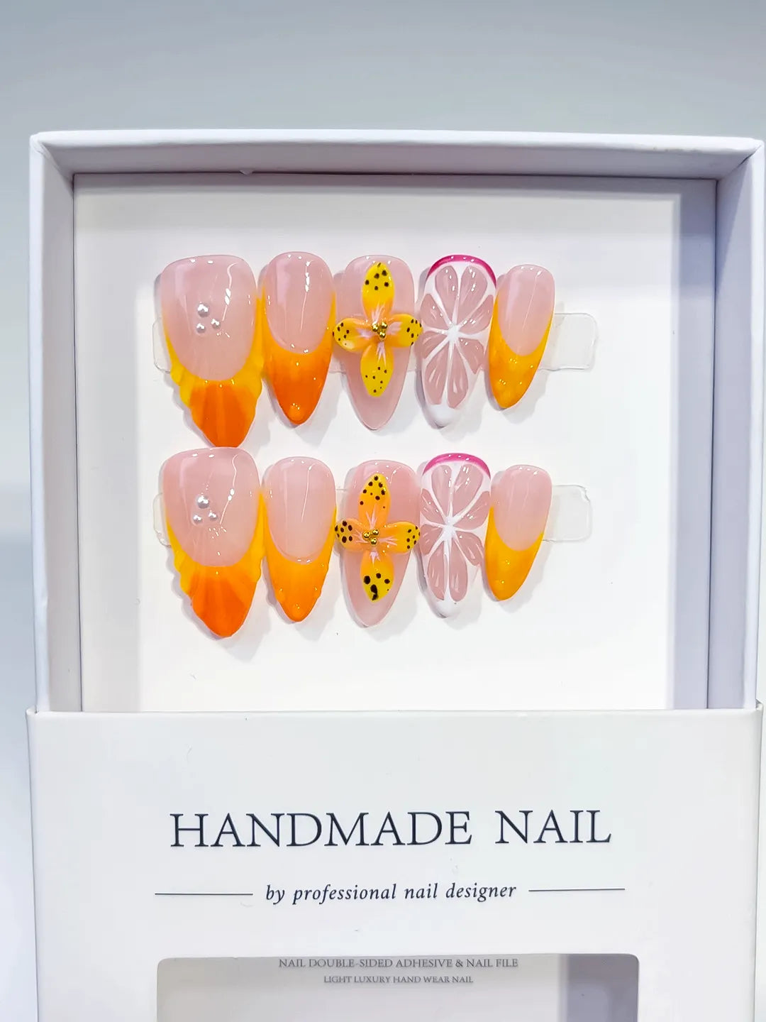 D470 - Medium Nude Orange Almond French tip Flower Fruit