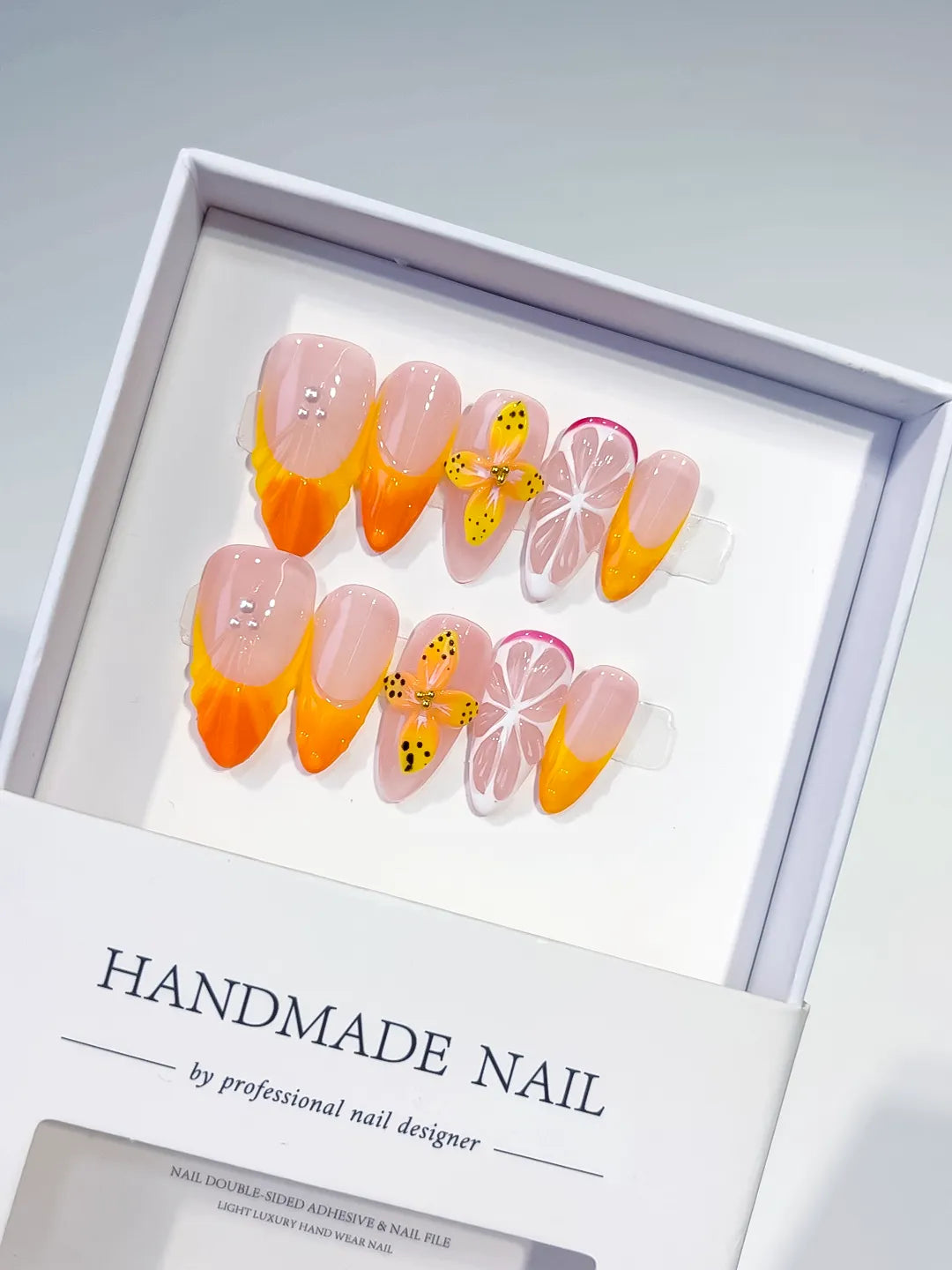 D470 - Medium Nude Orange Almond French tip Flower Fruit