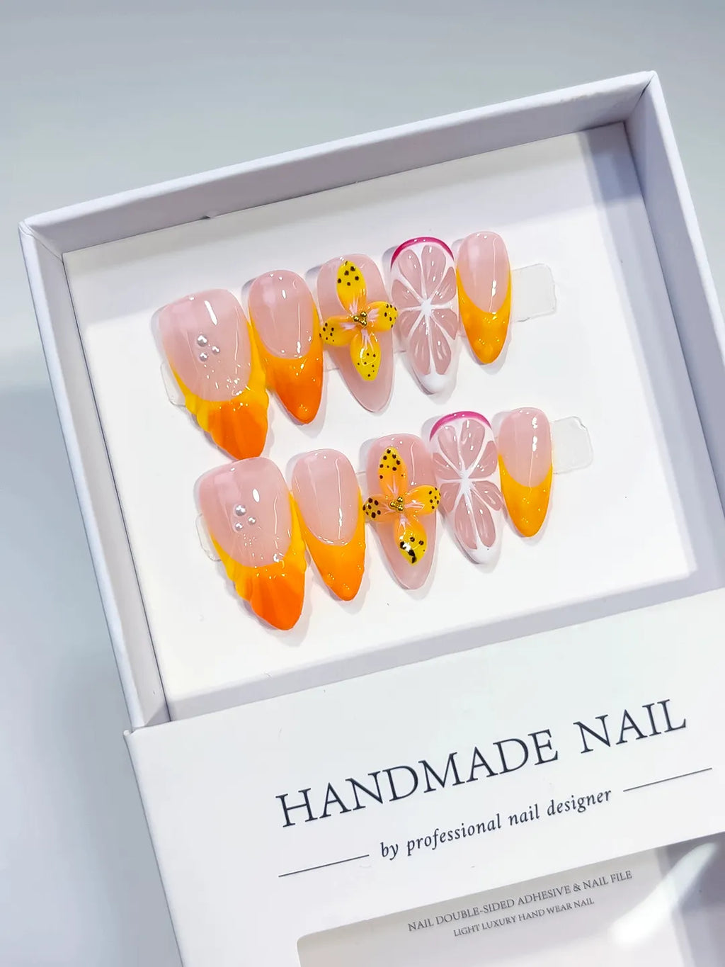 D470 - Medium Nude Orange Almond French tip Flower Fruit