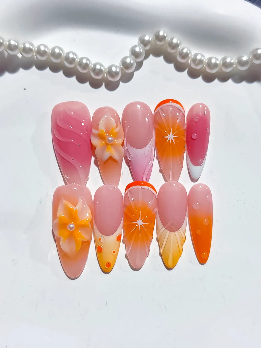 D471 - Long Pink Orange Almond Ombre Flower Fruit VibeNailsLab