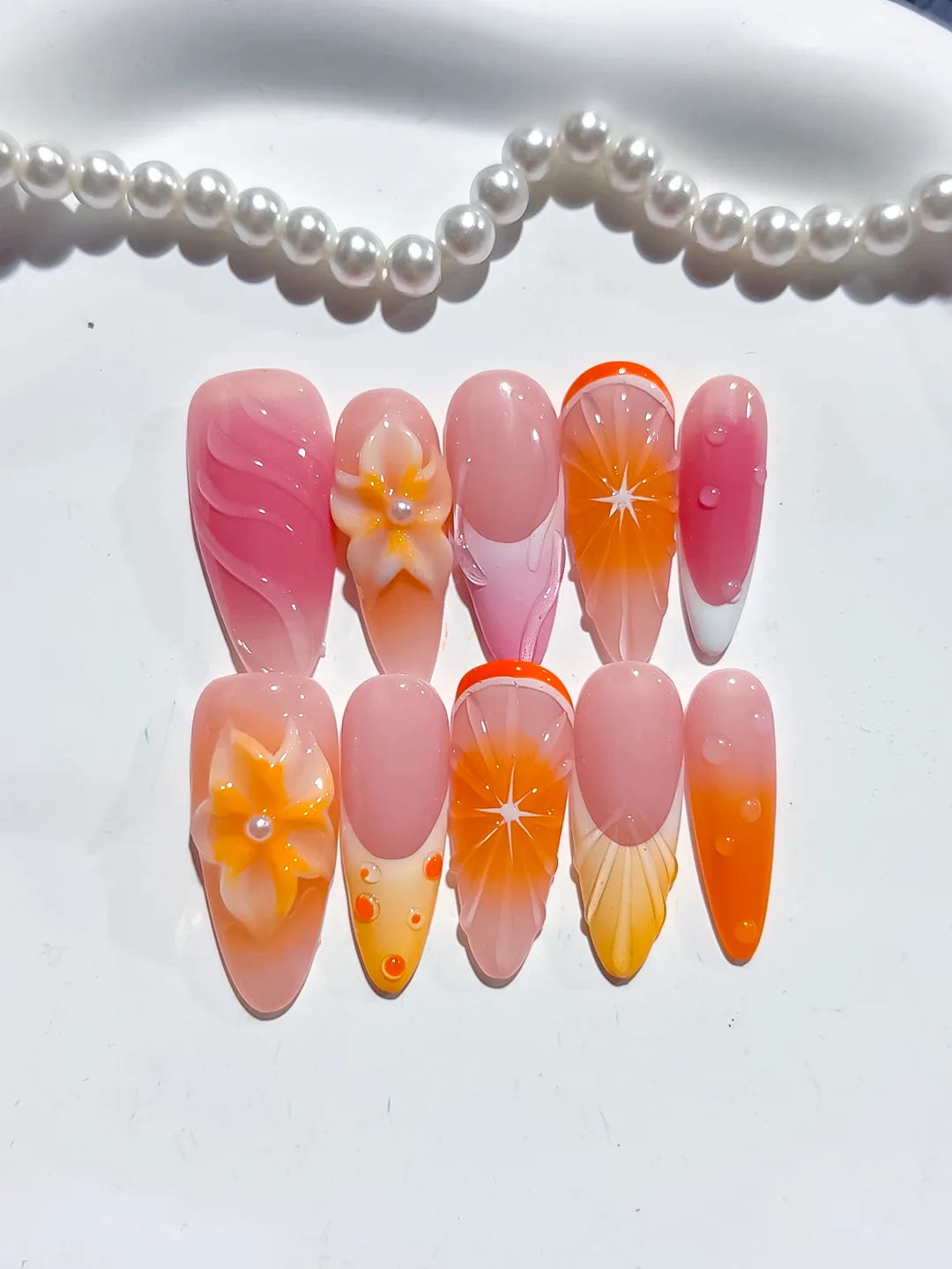 D471 - Long Pink Orange Almond Ombre Flower Fruit VibeNailsLab