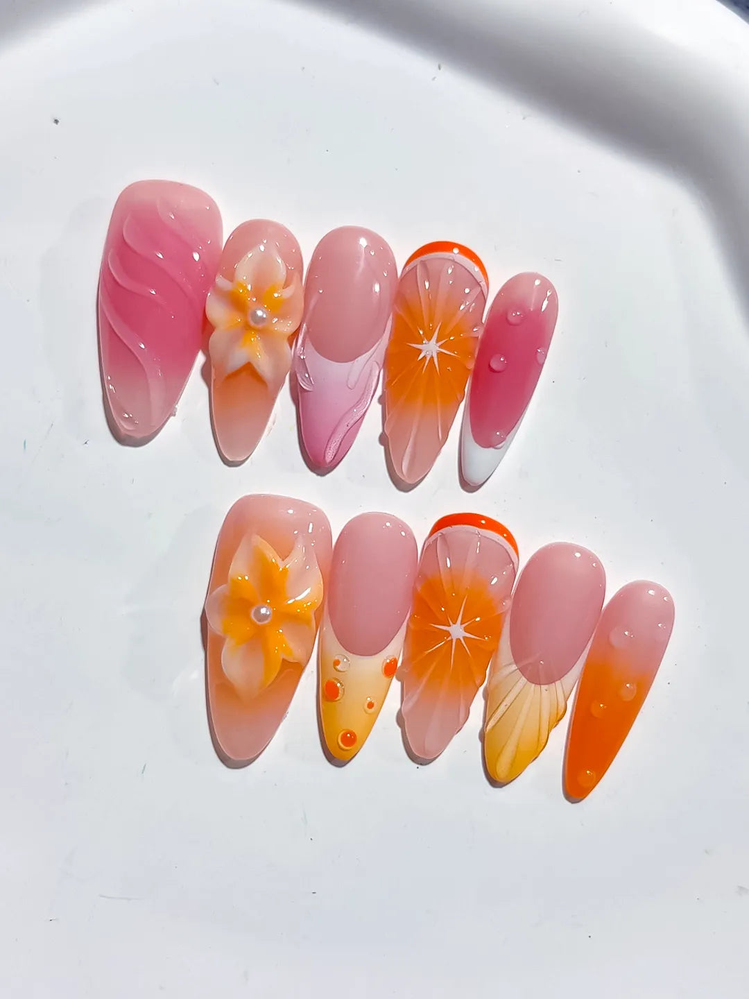 D471 - Long Pink Orange Almond Ombre Flower Fruit VibeNailsLab