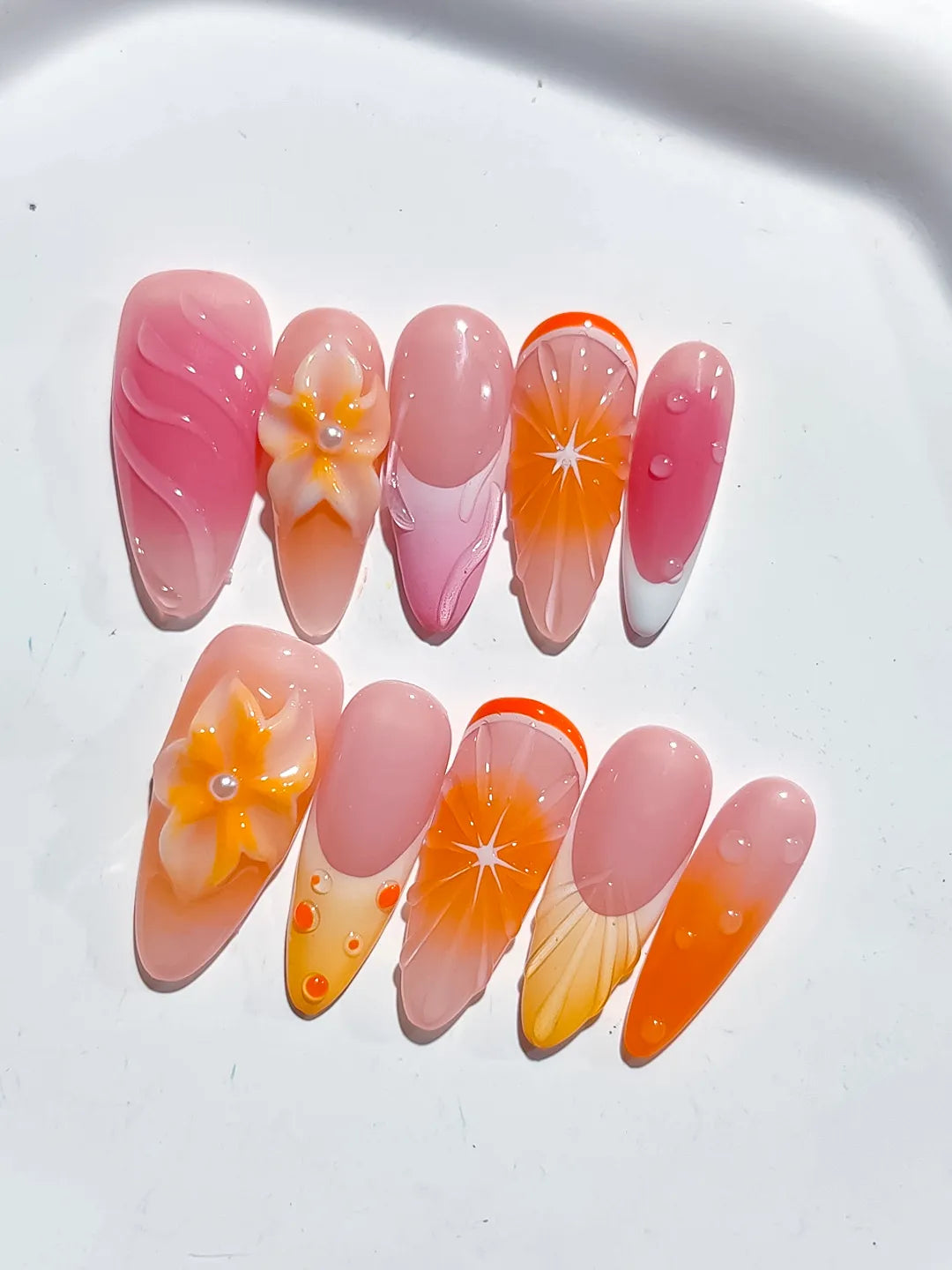 D471 - Long Pink Orange Almond Ombre Flower Fruit VibeNailsLab