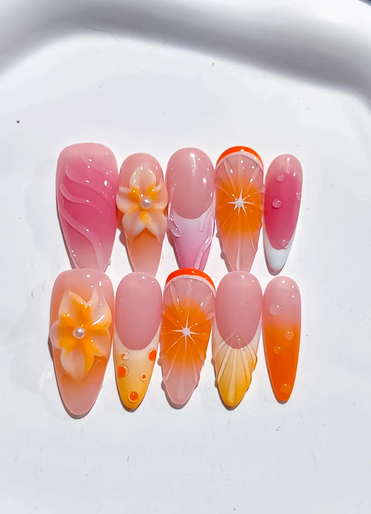D471 - Long Pink Orange Almond Ombre Flower Fruit VibeNailsLab