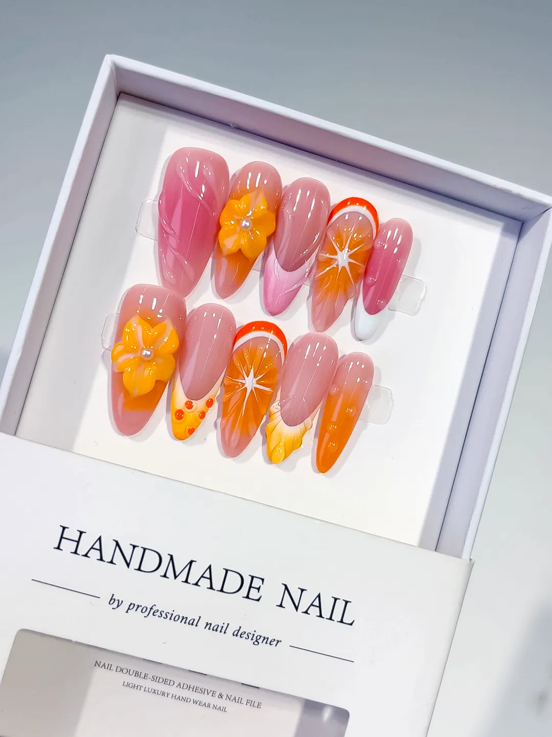 D471 - Long Pink Orange Almond Ombre Flower Fruit VibeNailsLab