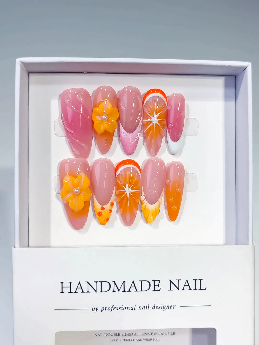 D471 - Long Pink Orange Almond Ombre Flower Fruit VibeNailsLab