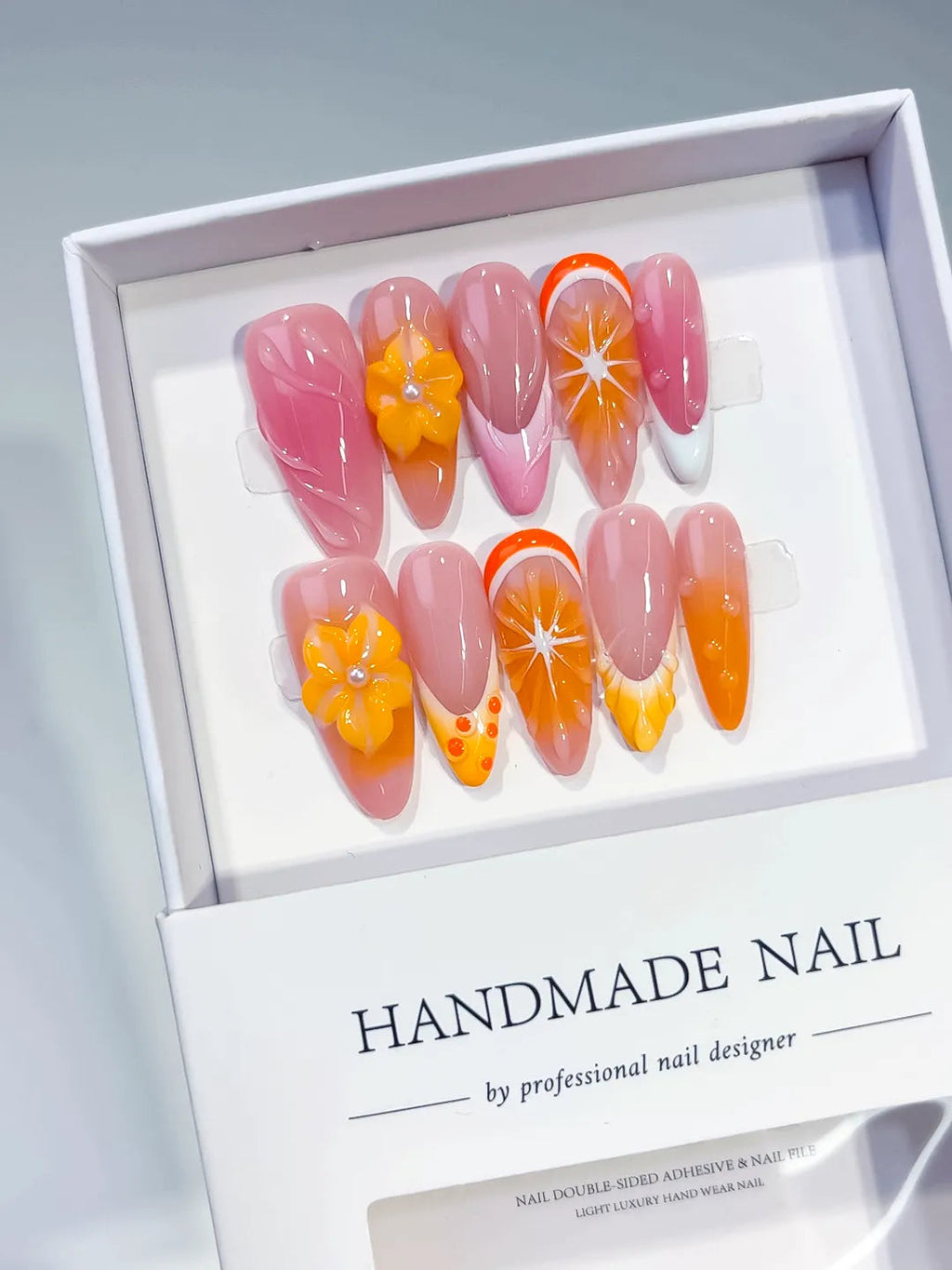D471 - Long Pink Orange Almond Ombre Flower Fruit VibeNailsLab