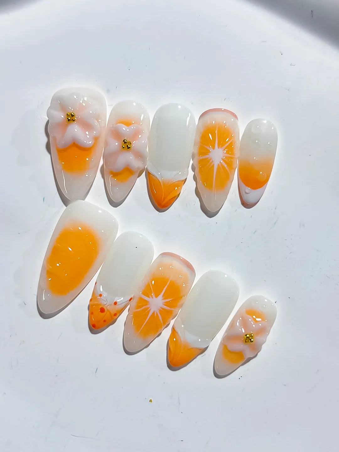 D472 - Medium White Orange Almond French tip Flower Fruit