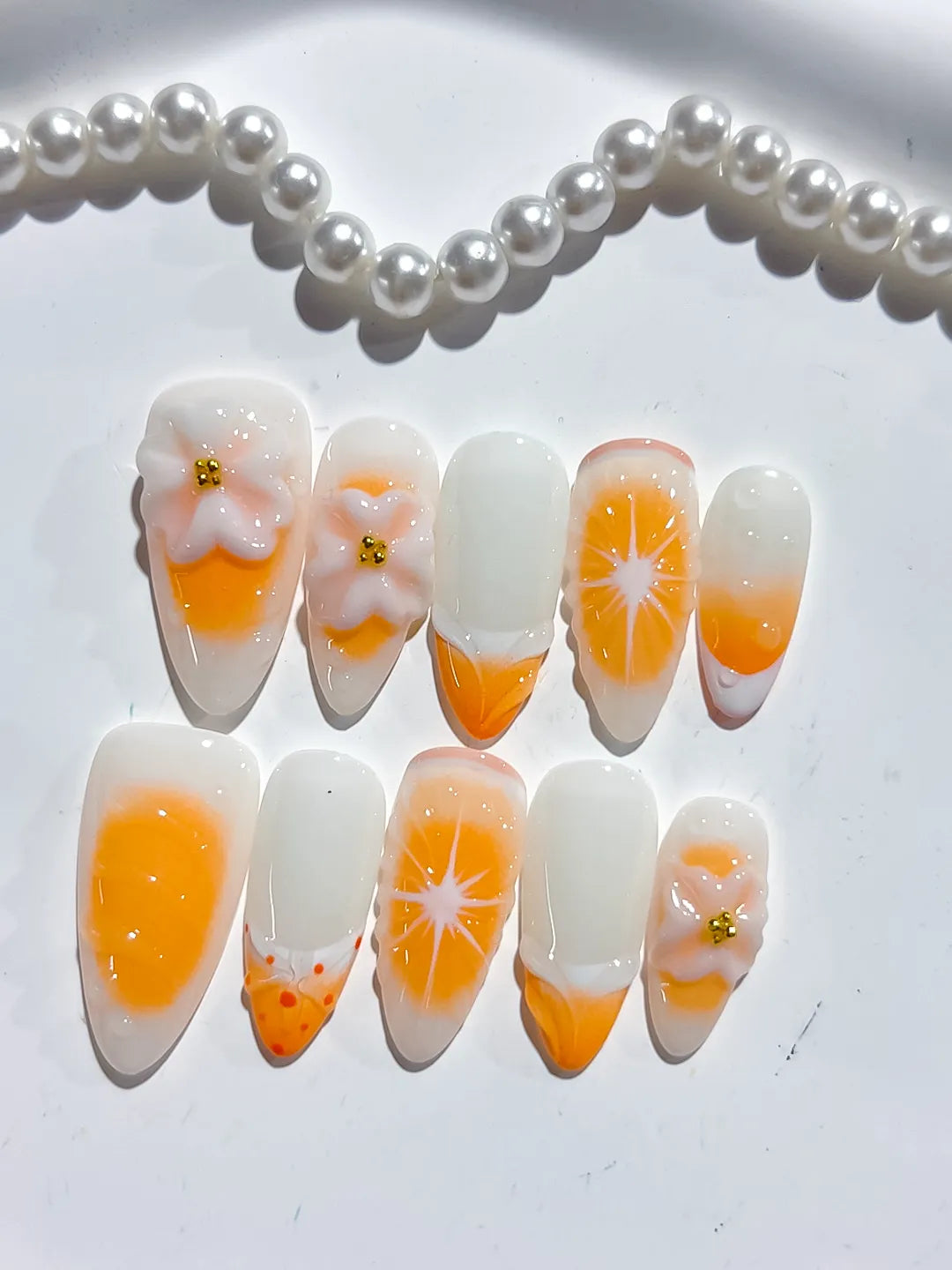 D472 - Medium White Orange Almond French tip Flower Fruit VibeNailsLab