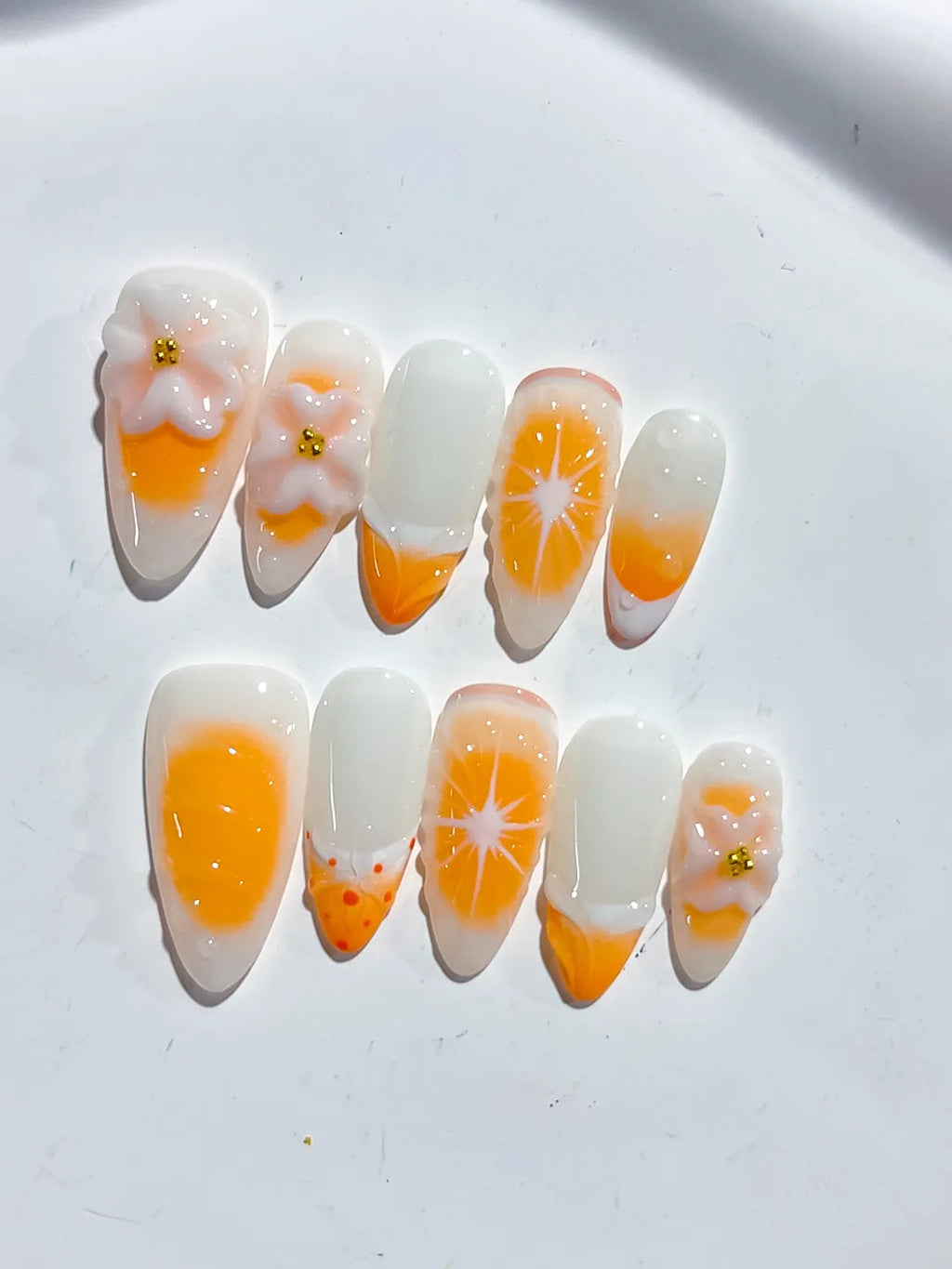 D472 - Medium White Orange Almond French tip Flower Fruit VibeNailsLab