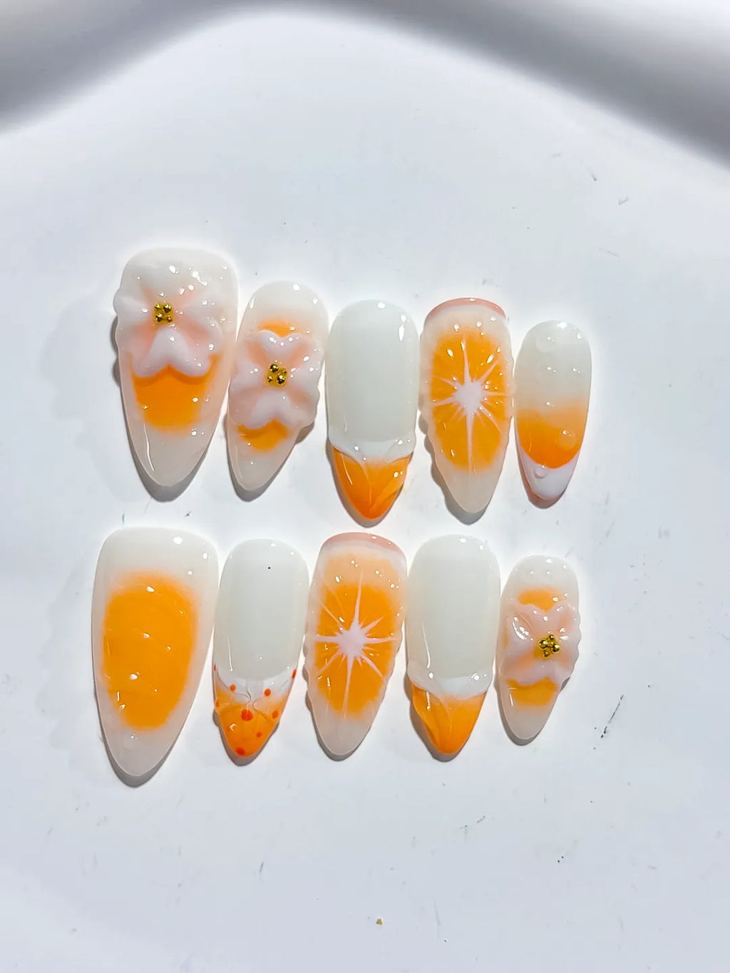D472 - Medium White Orange Almond French tip Flower Fruit