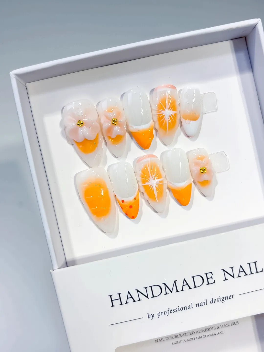 D472 - Medium White Orange Almond French tip Flower Fruit VibeNailsLab