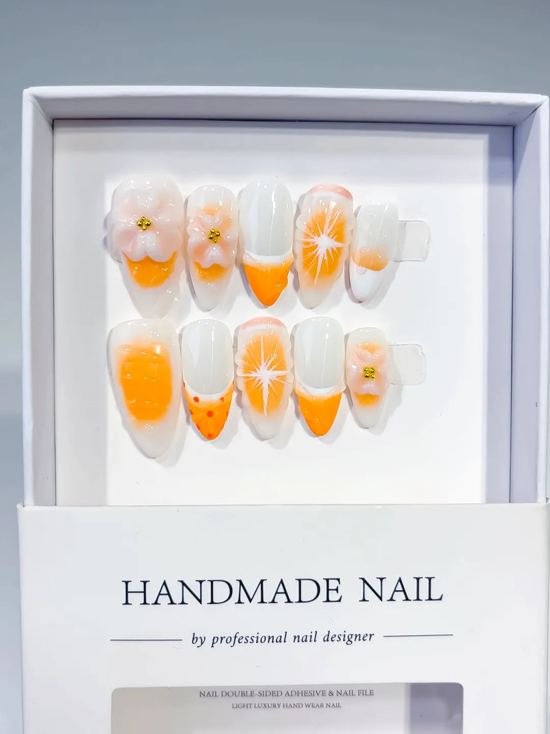 D472 - Medium White Orange Almond French tip Flower Fruit