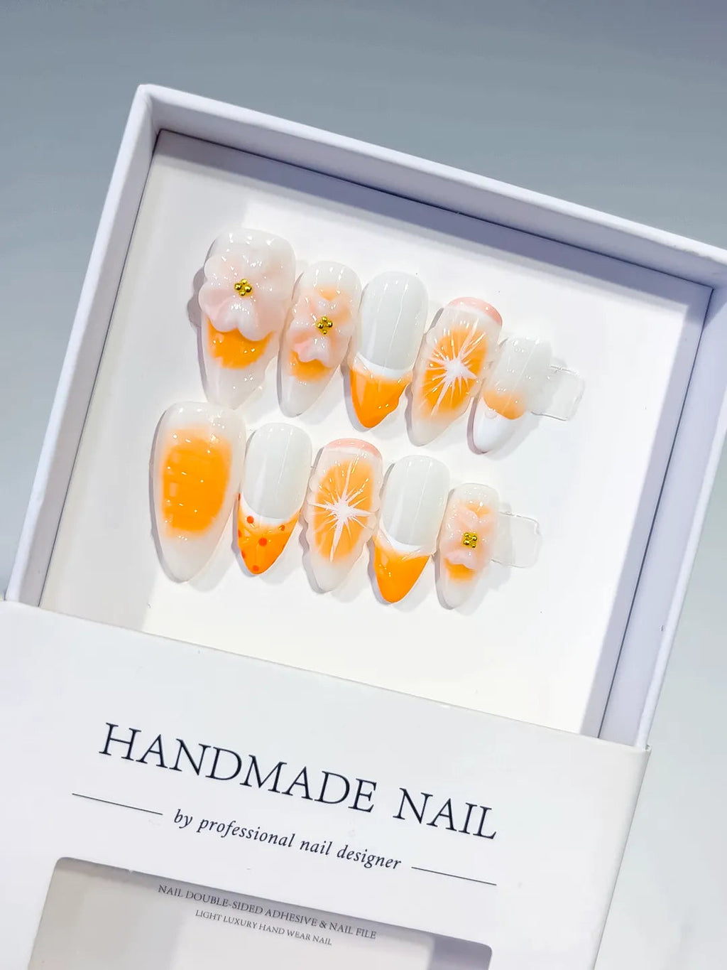 D472 - Medium White Orange Almond French tip Flower Fruit VibeNailsLab