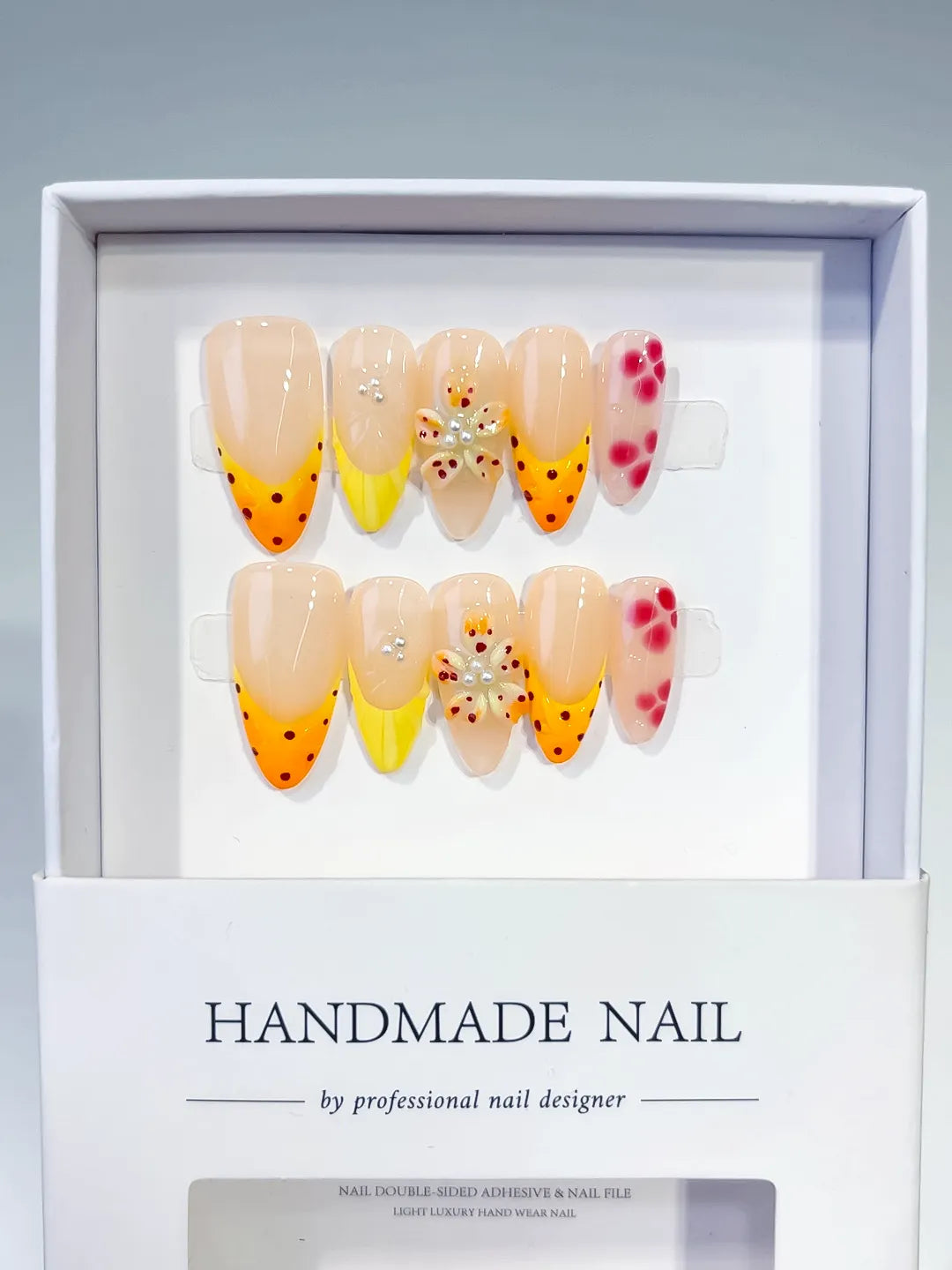 D475 - Medium Nude Yellow Almond French tip Flower Dot Pattern VibeNailsLab
