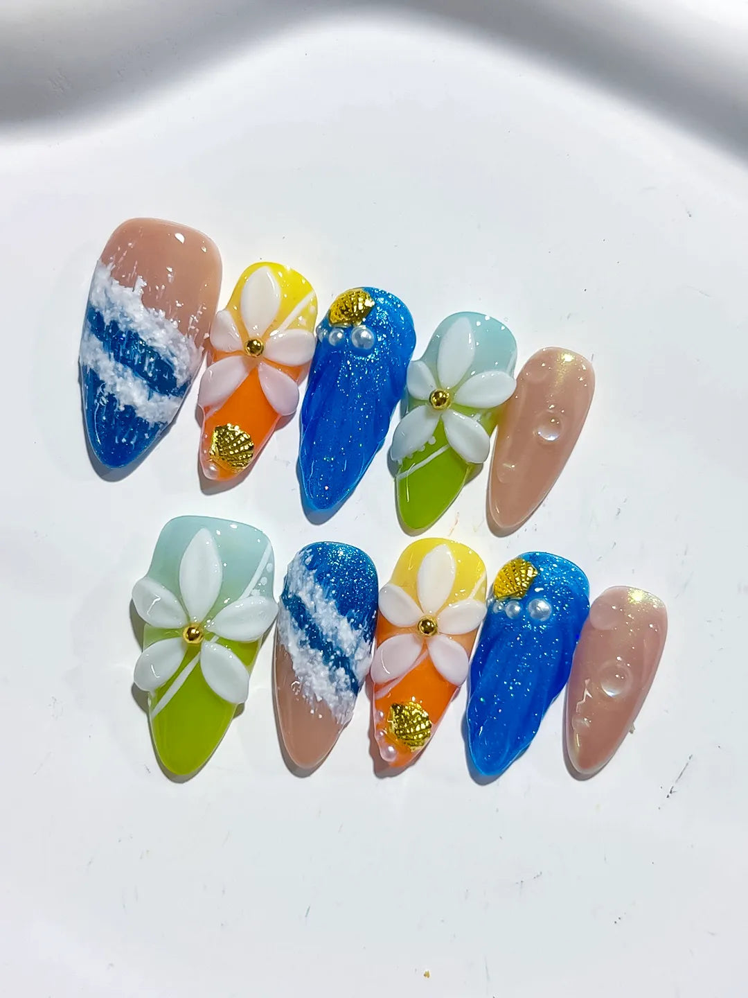 D476 - Medium Blue Green Almond Abstract Flower Glitter VibeNailsLab