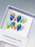 D476 - Medium Blue Green Almond Abstract Flower Glitter VibeNailsLab