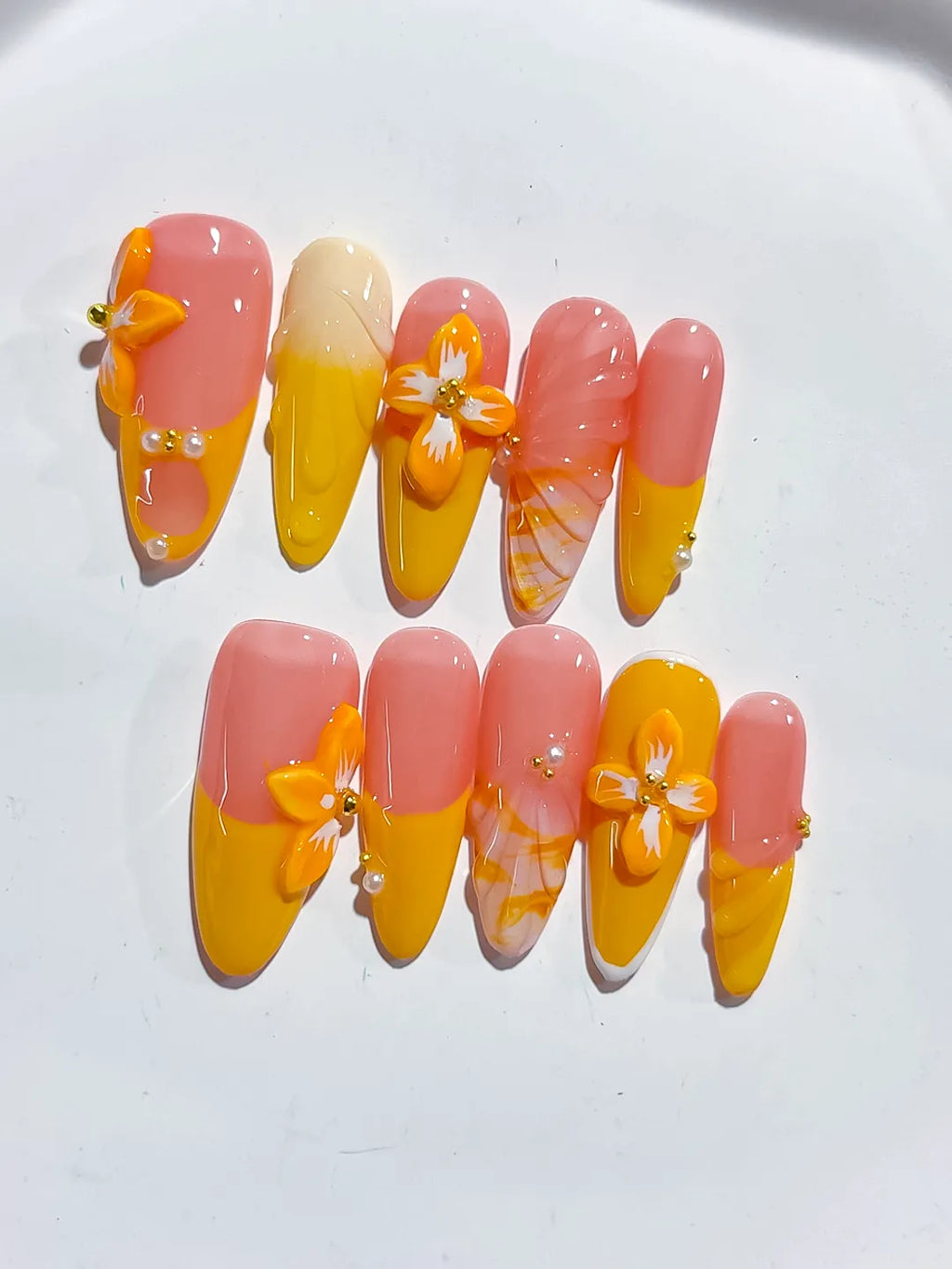 D477 - Medium Pink Yellow Almond Ombre Flower Plaid