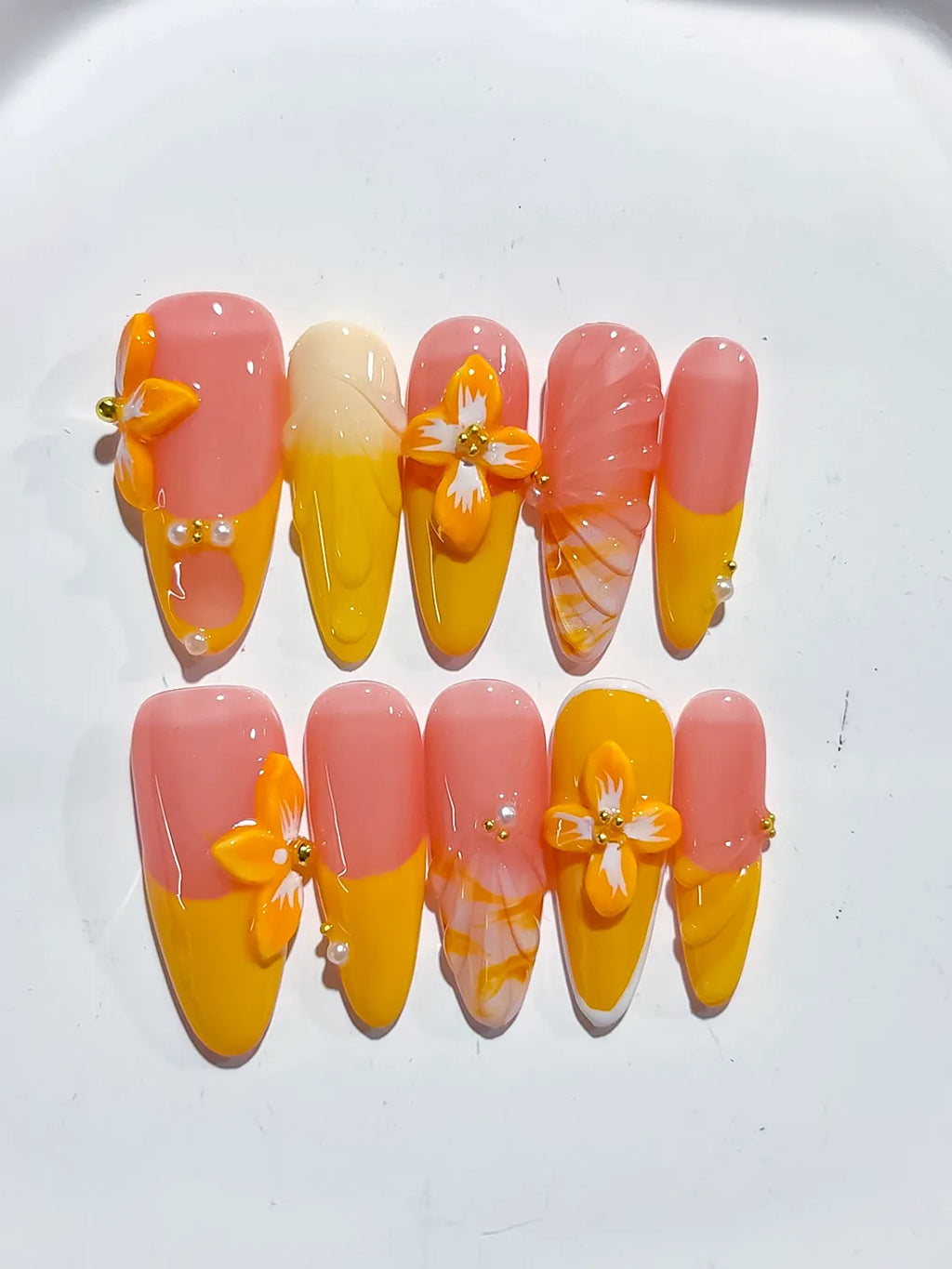 D477 - Medium Pink Yellow Almond Ombre Flower Plaid