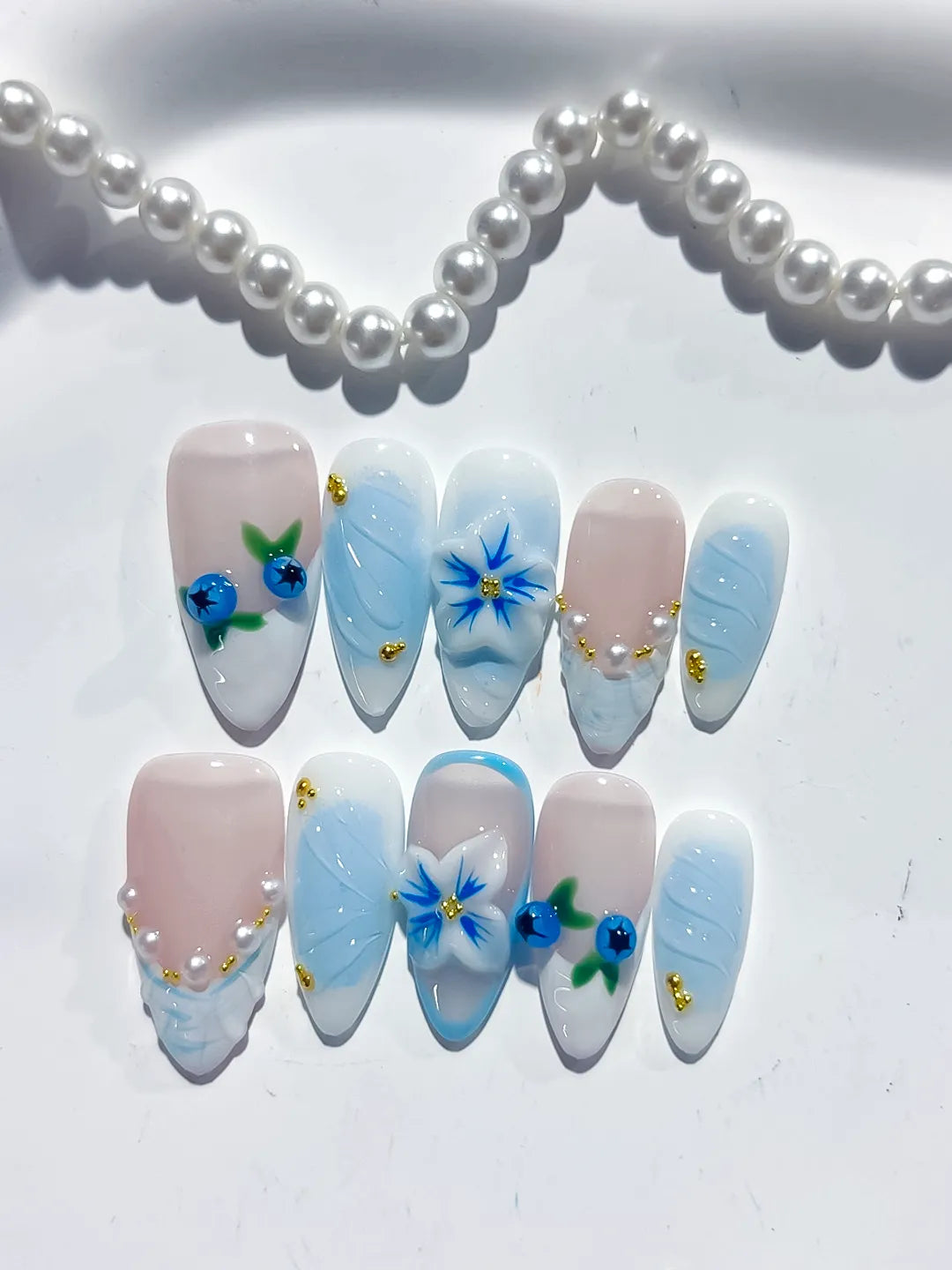 D478 - Medium Nude Blue Almond French tip Flower Pearl