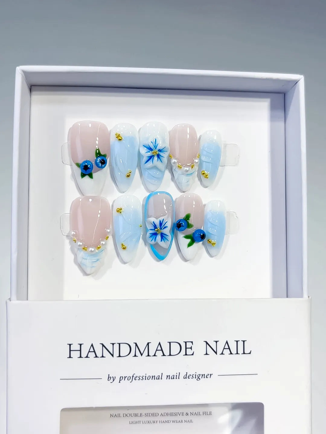 D478 - Medium Nude Blue Almond French tip Flower Pearl VibeNailsLab