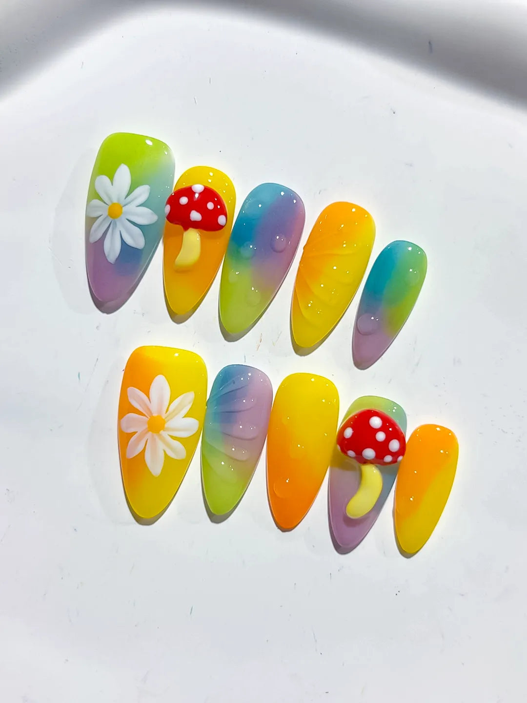 D481 - Medium Yellow Green Almond Ombre Flower Mushroom VibeNailsLab