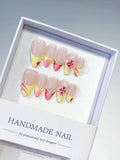 D483 - Medium Nude Yellow Almond French tip Flower Pearl