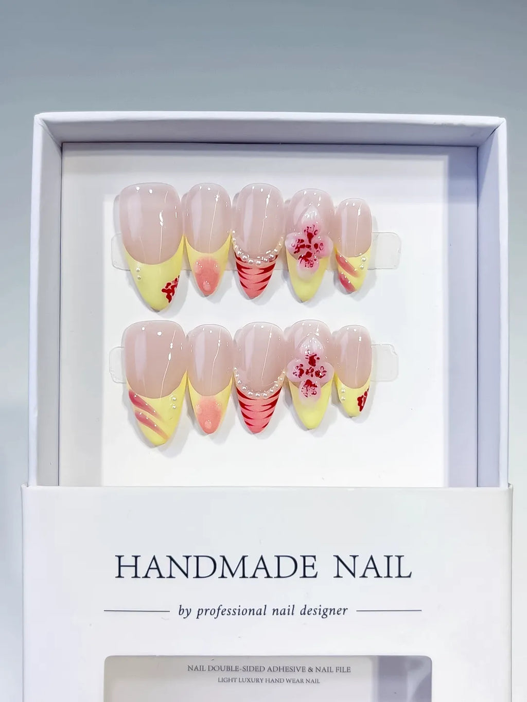 D483 - Medium Nude Yellow Almond French tip Flower Pearl