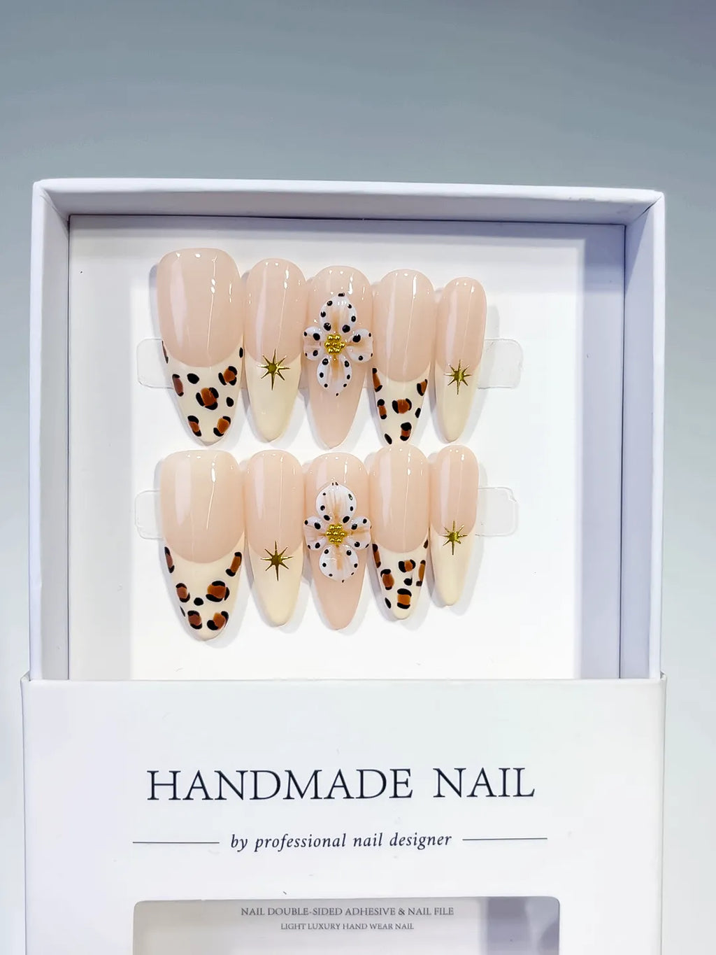 D485 - Long Nude Brown Almond French tip Flower Animal Print