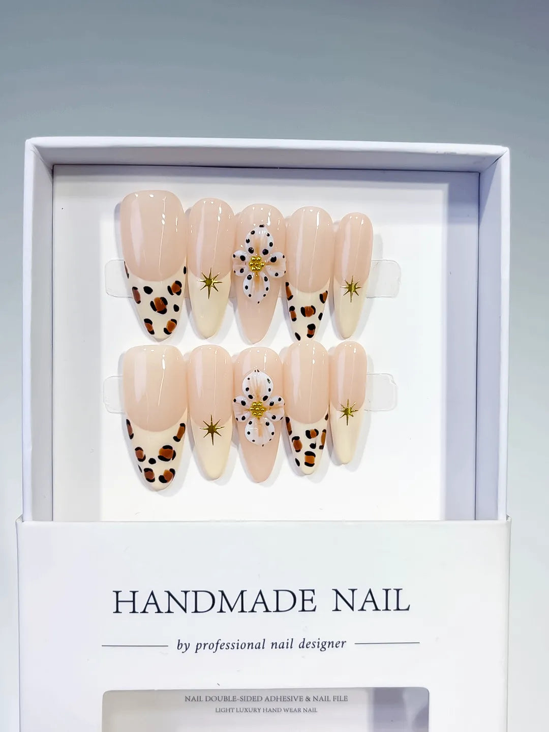 D485 - Long Nude Brown Almond French tip Flower Animal Print