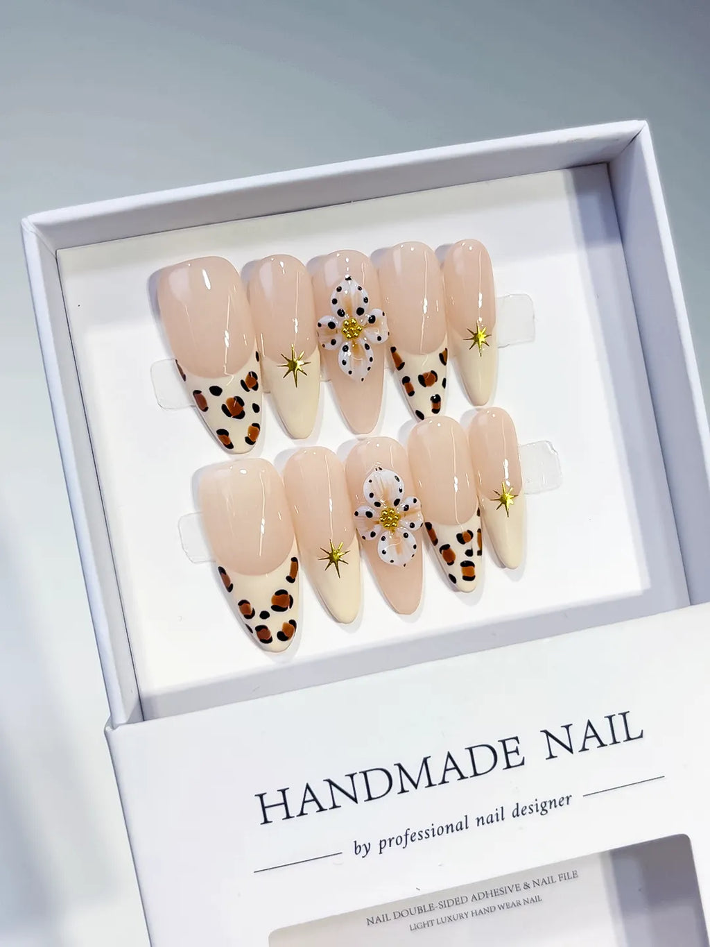 D485 - Long Nude Brown Almond French tip Flower Animal Print