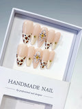 D485 - Long Nude Brown Almond French tip Flower Animal Print