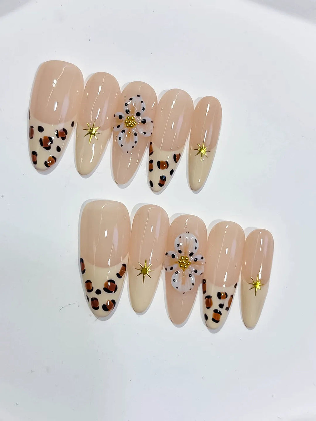 D485 - Long Nude Brown Almond French tip Flower Animal Print VibeNailsLab