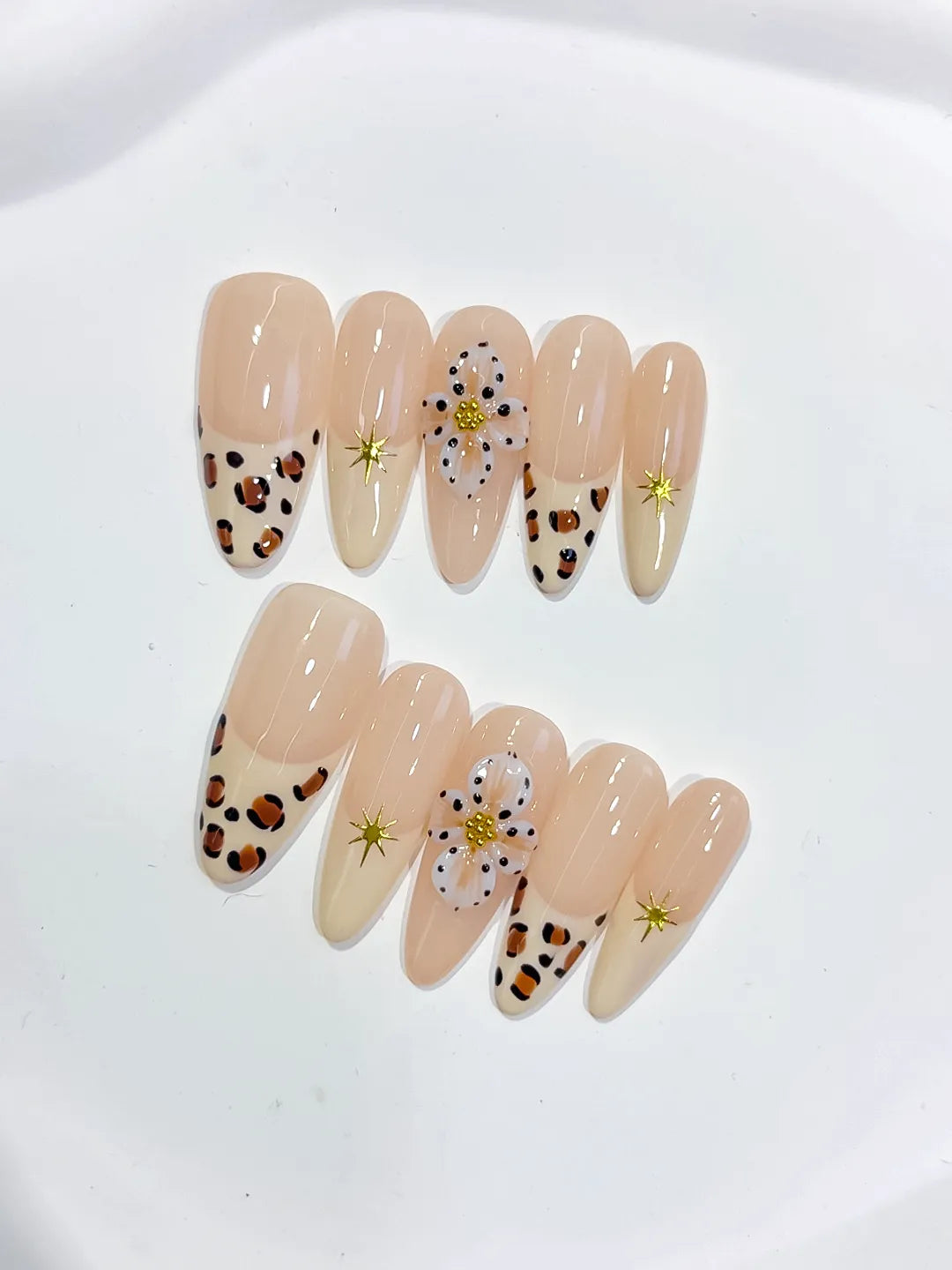 D485 - Long Nude Brown Almond French tip Flower Animal Print VibeNailsLab