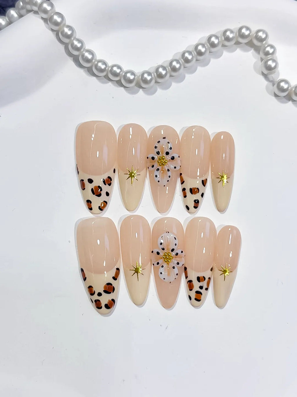 D485 - Long Nude Brown Almond French tip Flower Animal Print VibeNailsLab