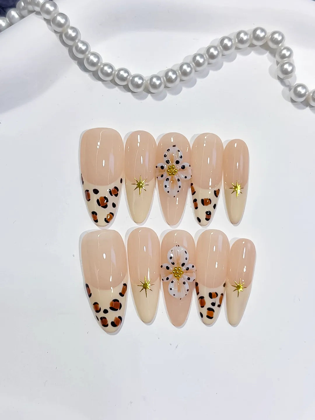 D485 - Long Nude Brown Almond French tip Flower Animal Print VibeNailsLab