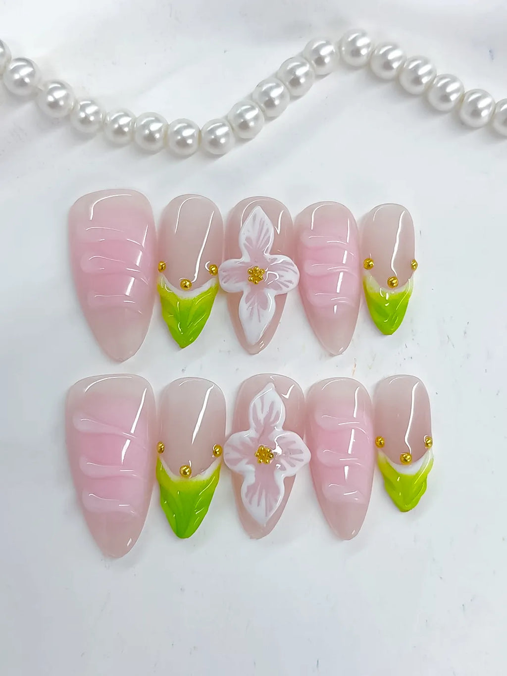 D486 - Medium Pink Green Almond French tip Flower Stud