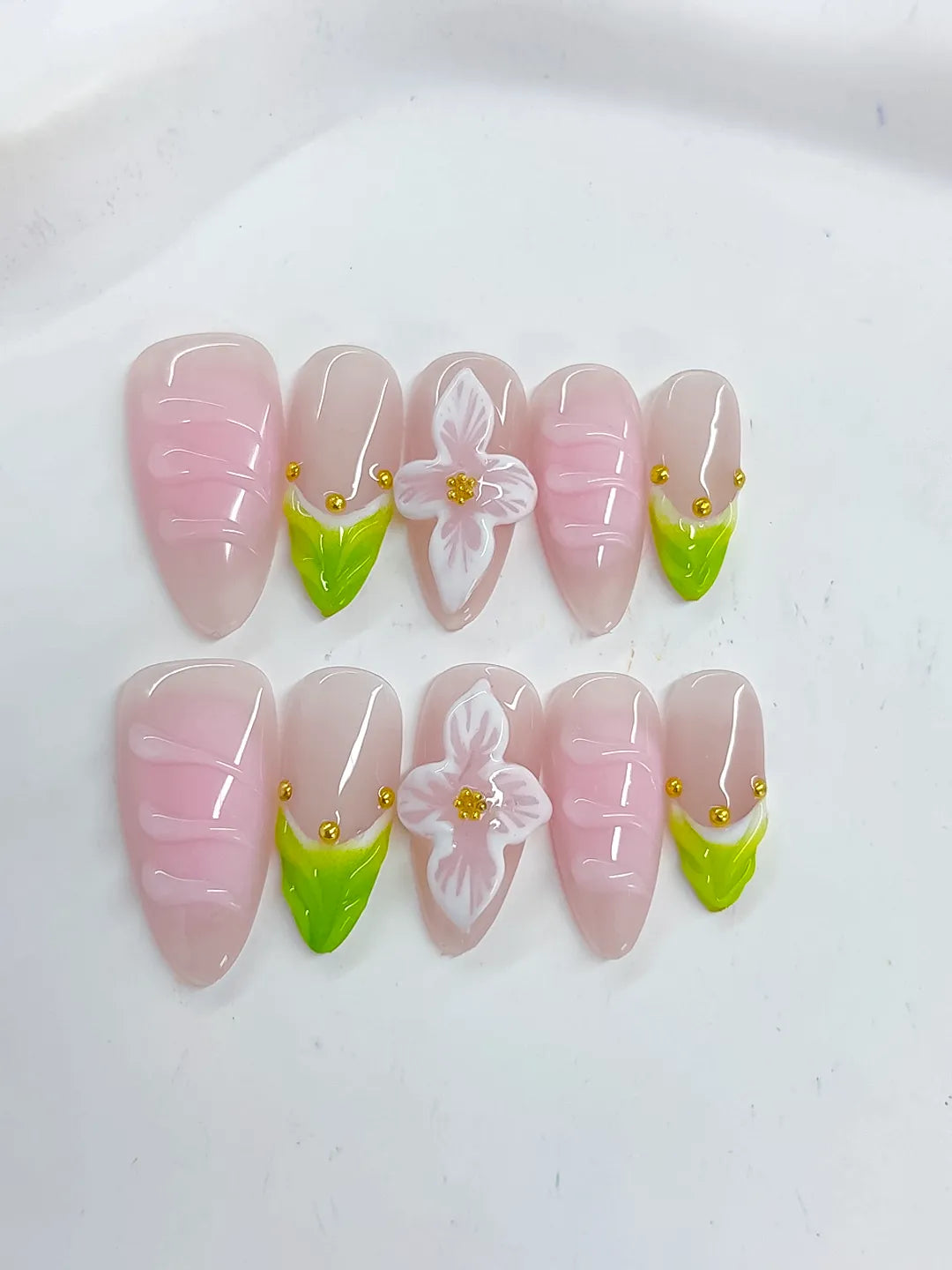 D486 - Medium Pink Green Almond French tip Flower Stud
