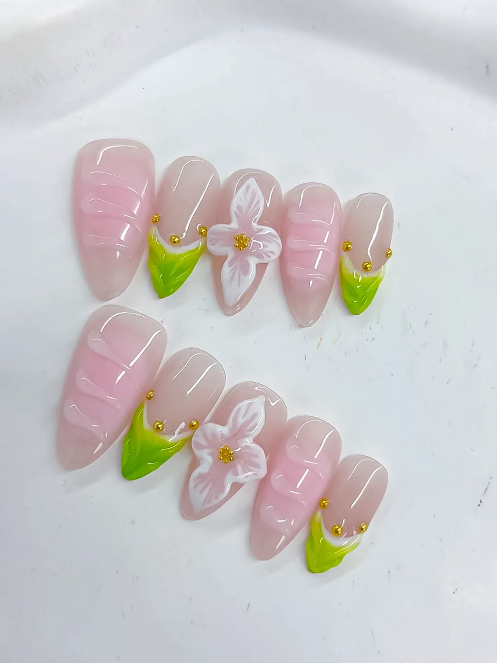 D486 - Medium Pink Green Almond French tip Flower Stud