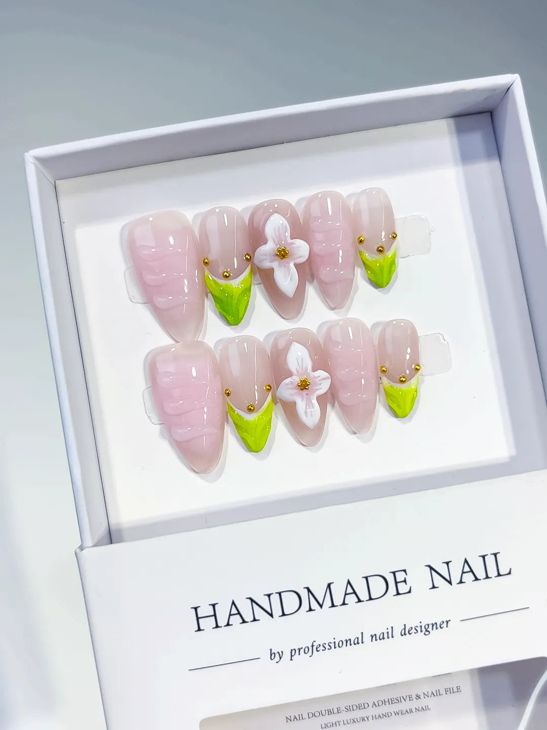 D486 - Medium Pink Green Almond French tip Flower Stud