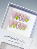 D486 - Medium Pink Green Almond French tip Flower Stud