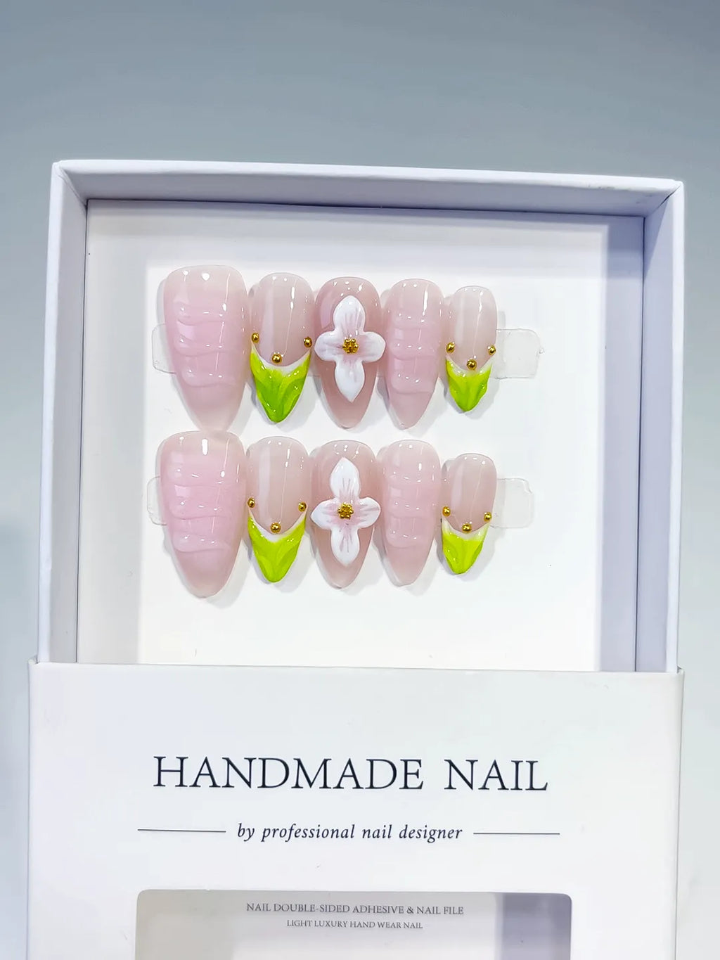 D486 - Medium Pink Green Almond French tip Flower Stud