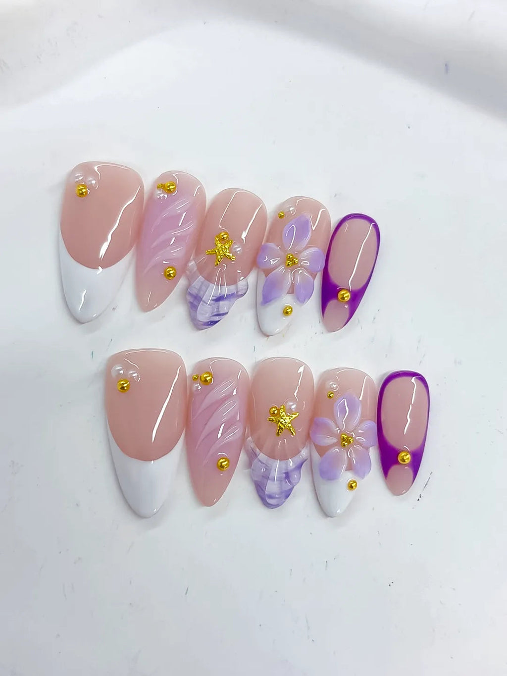 D487 - Medium Nude White Almond French tip Flower Shell VibeNailsLab