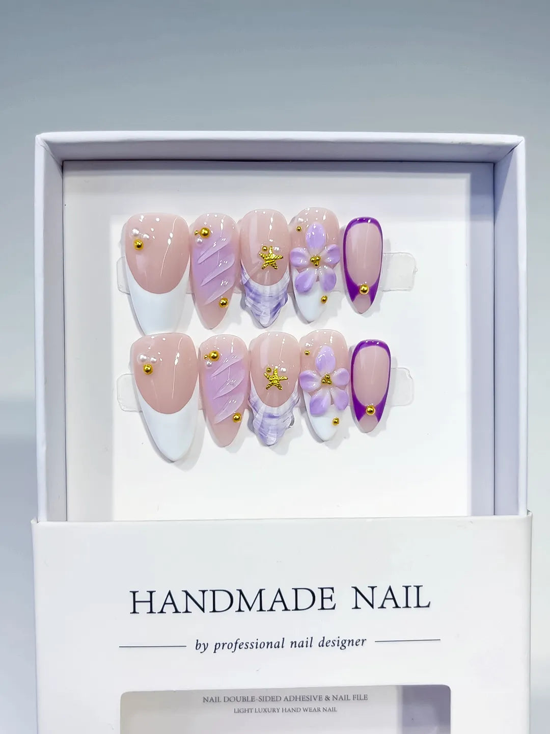 D487 - Medium Nude White Almond French tip Flower Shell VibeNailsLab