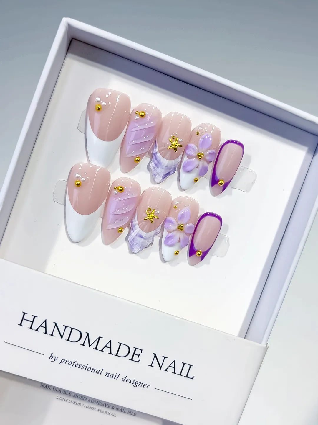 D487 - Medium Nude White Almond French tip Flower Shell VibeNailsLab