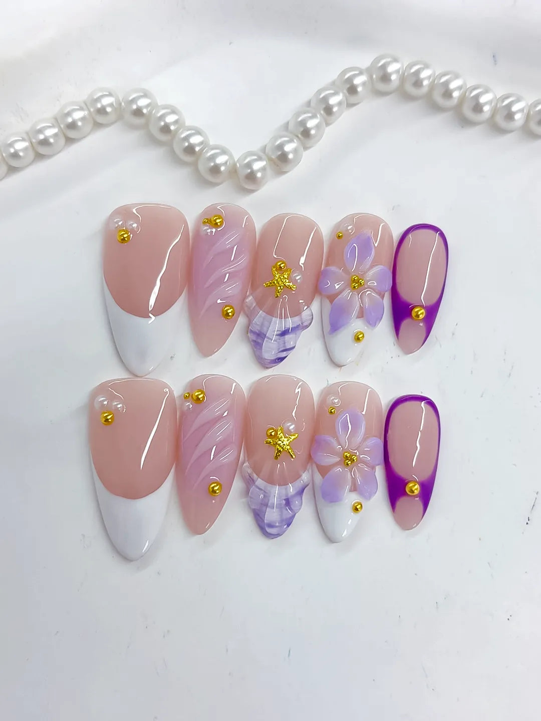 D487 - Medium Nude White Almond French tip Flower Shell VibeNailsLab
