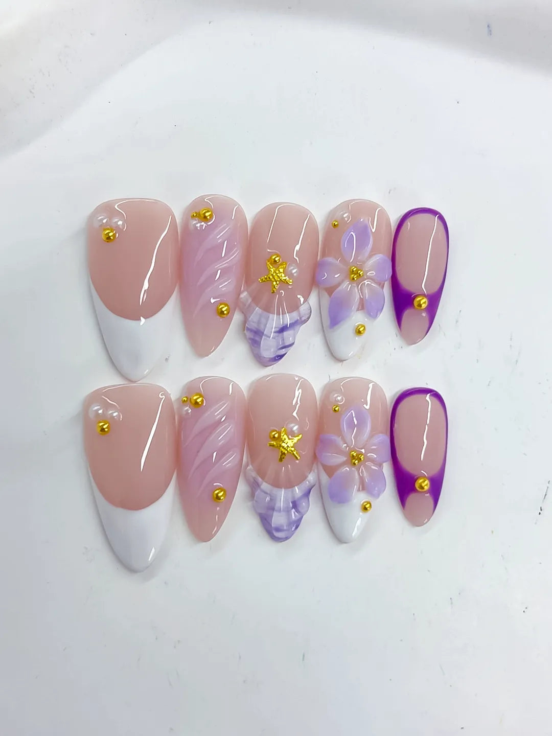 D487 - Medium Nude White Almond French tip Flower Shell VibeNailsLab